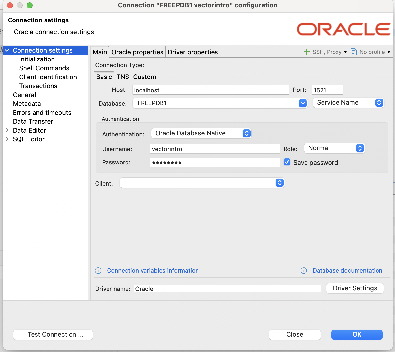 Example oracle connection in DBeaver