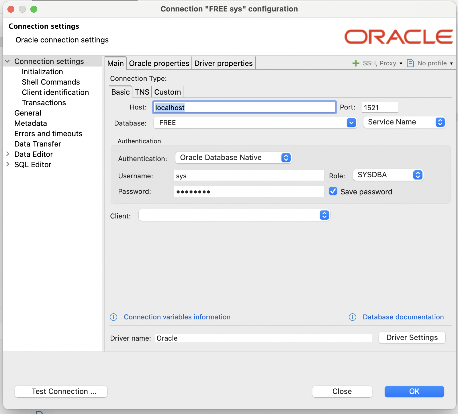 Example oracle connection in DBeaver