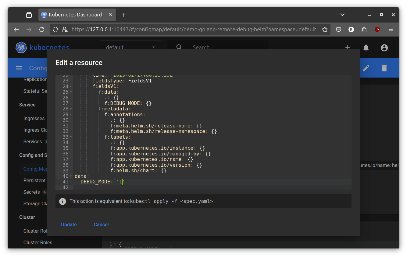 set config maps to enable remote debug