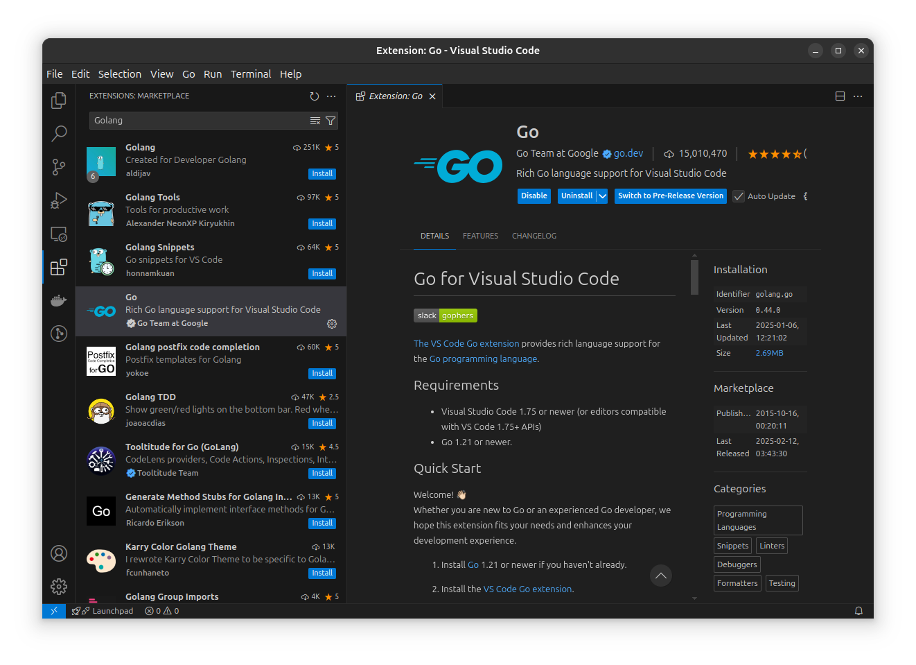 go visual studio code extension