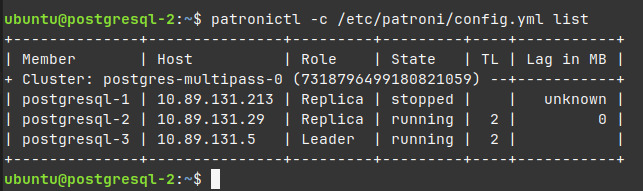 luaran patronictl list setelah node leader dimatikan