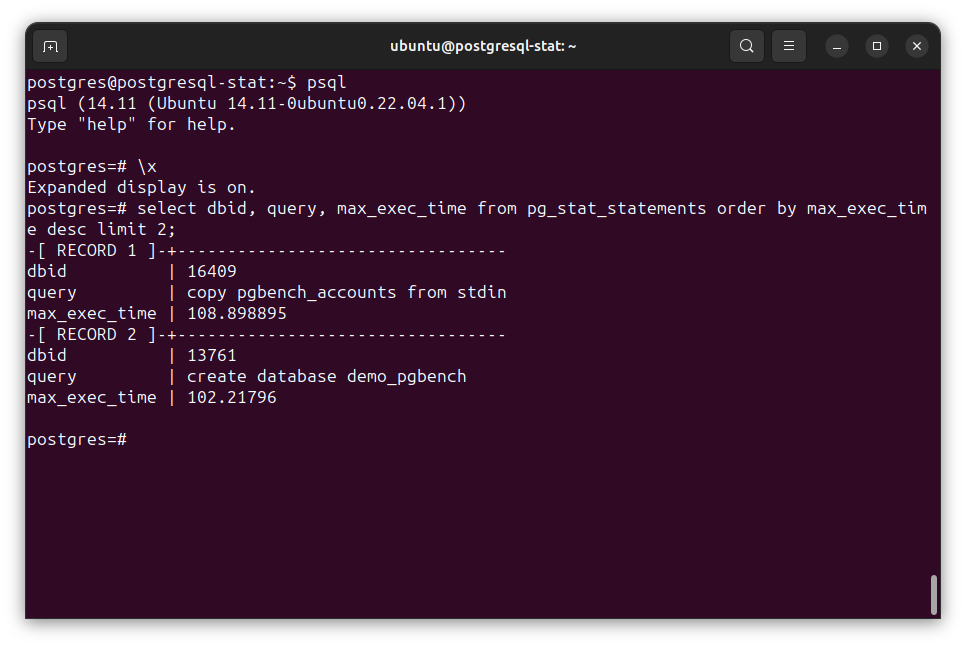 contoh pg_stat_statements setelah pgbench