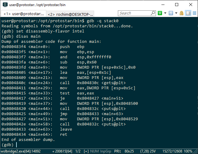 disassembly fungsi main pada stack0