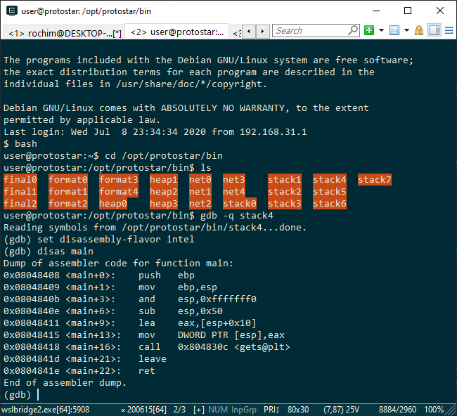 meload stack4 kedalam gdb dan mendisassembly fungsi main