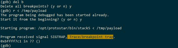 jalankan stack5 di gdb dengan payload baru