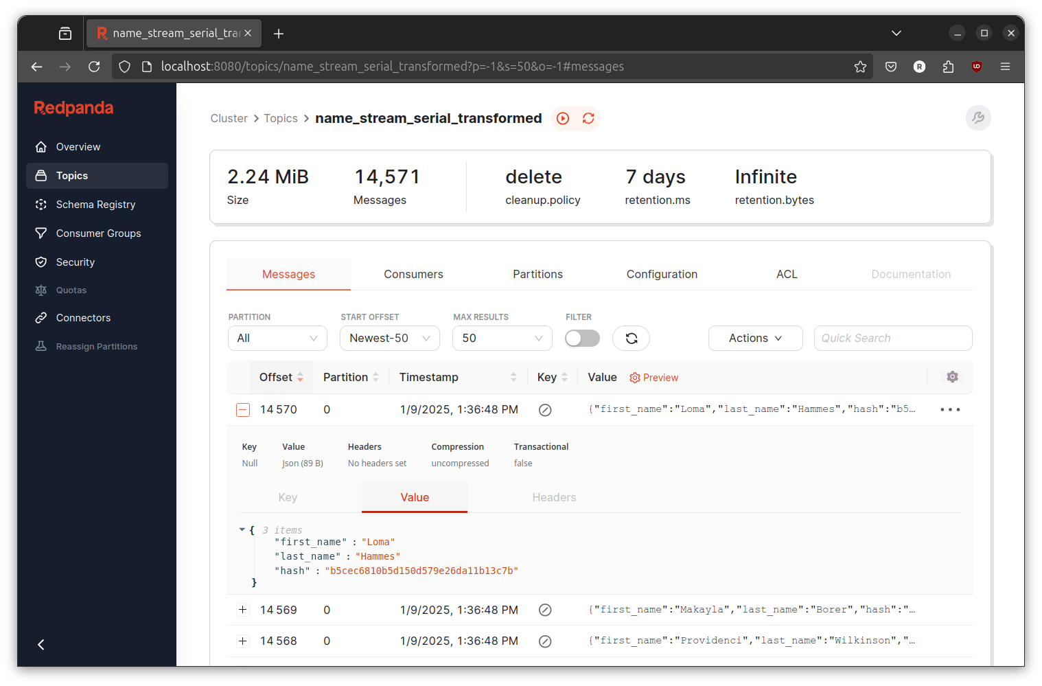 Redpanda inside topic name_stream_serial_transformed